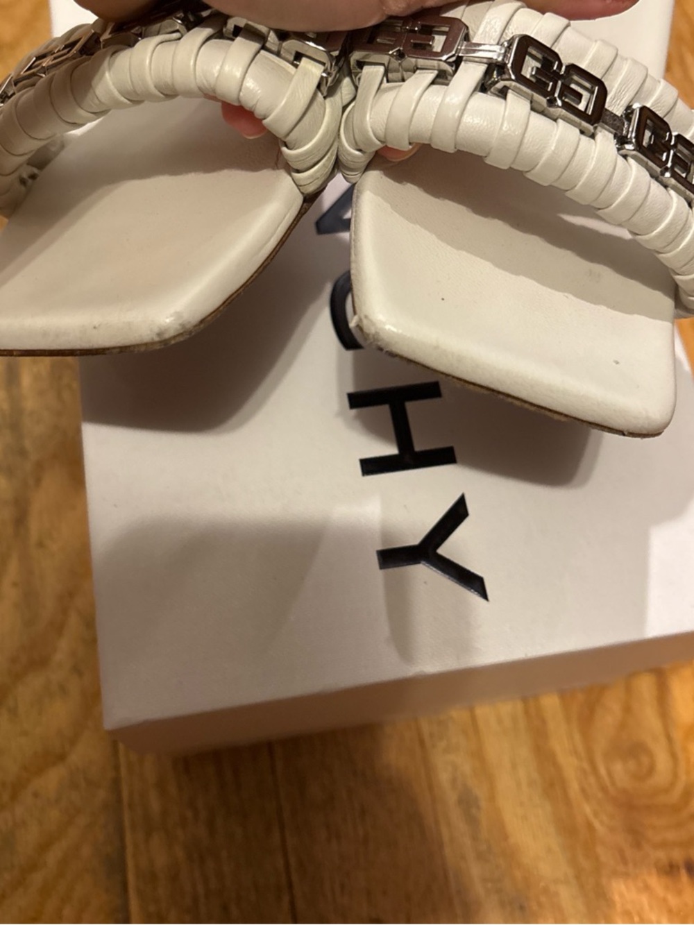 Givenchy White Braided Square-Toe Slide Mules with Metallic Chain - Picture 5 of 5